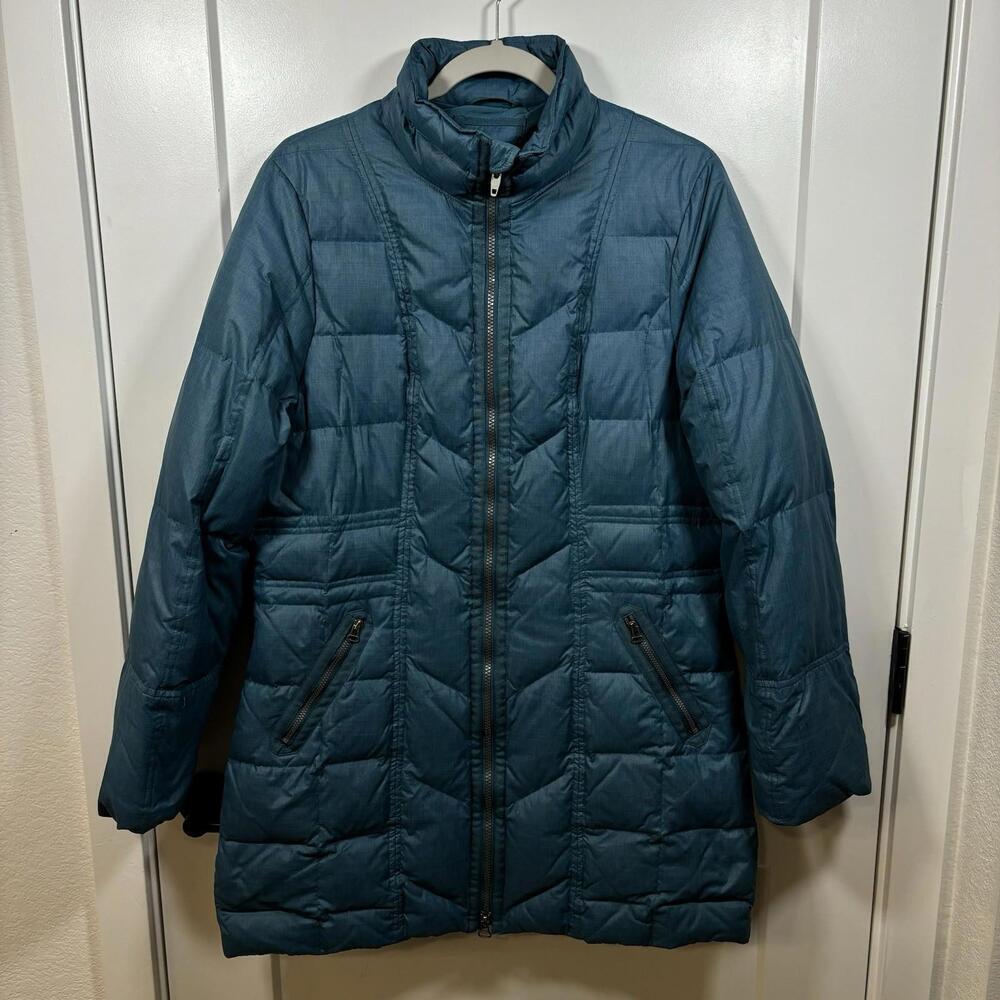 PrAna Women's Down Puffer Jacket Size XL Fitted Full Zip Blue Parka Goretex Gorp